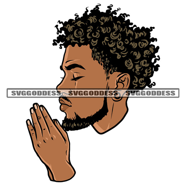 Gangster African American Man Hard Praying Hand Afro Short Hairstyle Design Element White Background Afro Man Close Eye Vector SVG JPG PNG Clipart Cricut Silhouette Cut Cutting