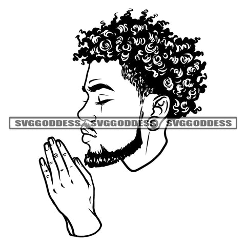 Black And White Gangster African American Man Hard Praying Hand Afro Short Hairstyle Design Element White Background Afro Man Close Eye Vector SVG JPG PNG Clipart Cricut Silhouette Cut Cutting