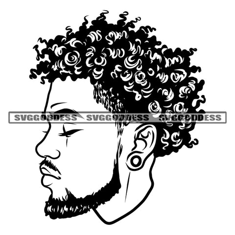Black And White African American Man Head Artwork Design Element Afro Hairstyle White Background Man Close Eyes Bard Style SVG JPG PNG Vector Clipart Cricut Silhouette Cut Cutting
