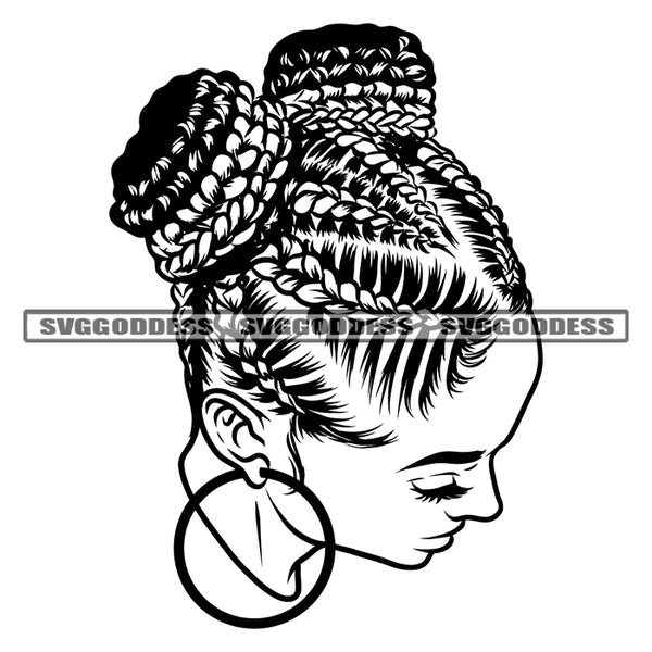Black And White Melanin Woman Head Design Element BW Hand Hard Praying Vector Afro Hair Style White Background Color Artwork Side Face Wearing Boom Ear Ring Close Eye SVG JPG PNG Vector Clipart Cricut Cutting Files
