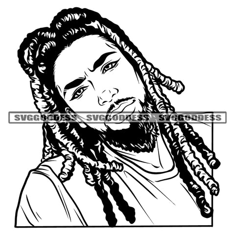 Black And White Locus Hairstyle African American Man Face Design Element Afro Man Smile Face Vector White Background Stylize Man Bard Style SVG JPG PNG Vector Clipart Cricut Silhouette Cut Cutting