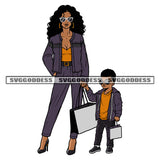 African American Woman Hand Holding Child Boy Design Element Both Wearing Sunglasses Hand On Shopping Bag SVG JPG PNG Vector Clipart Cricut Silhouette Cut Cutting