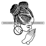 Black And White Melanin Woman Head Symbol Design Element BW Hand Hard Praying Vector Afro Hair Style White Background Color Artwork Side Face Wearing Boom Ear Ring Close Eye SVG JPG PNG Vector Clipart Cricut Cutting Files