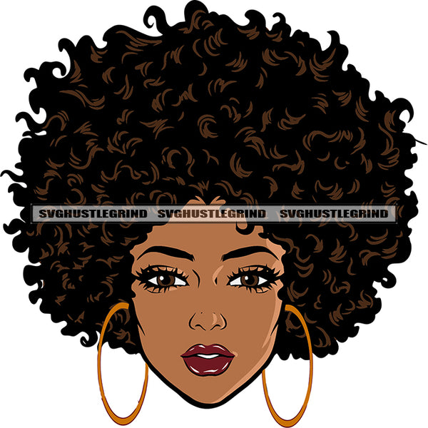 Gangster African American Woman Smile Face Wearing Hoop Earing Puffy Hairstyle Vector White Background SVG JPG PNG Vector Clipart Cricut Silhouette Cut Cutting