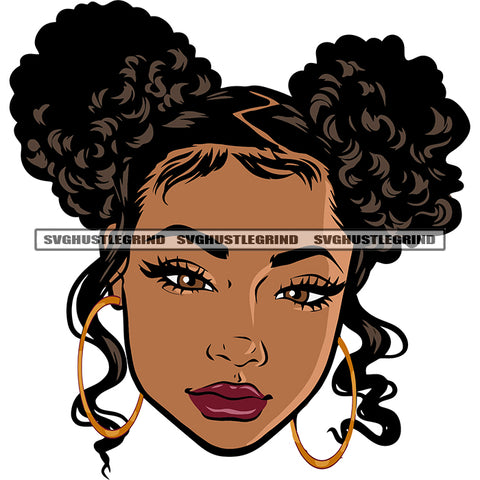 Cute African American Girls Wearing Hoop Earing Curly Hairstyle Beautiful Woman Smile Face White Background SVG JPG PNG Vector Clipart Cricut Silhouette Cut Cutting