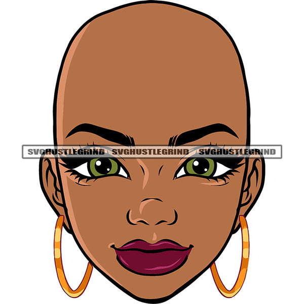 Bald Head African American Woman Wearing Hoop Earing Smile Face Afro Woman Beautiful Eyes White Background SVG JPG PNG Vector Clipart Cricut Silhouette Cut Cutting