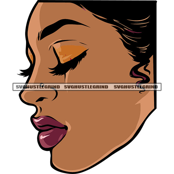 African American Gangster Woman Cute Face And Close Eyes Design Element White Background Beautiful Woman Curly Hairstyle SVG JPG PNG Vector Clipart Cricut Silhouette Cut Cutting