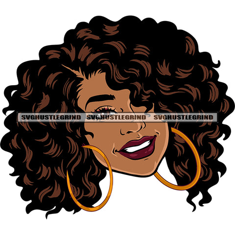 Gangster Afro Woman Wearing Hoop Earing Puffy Hairstyle Smile Face Design Element White Teeth White Background SVG JPG PNG Vector Clipart Cricut Silhouette Cut Cutting