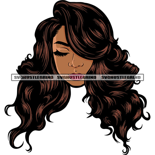 Gangster African American Woman Curly Long Hairstyle Close Eyes White Background Cute Face Afro Girls SVG JPG PNG Vector Clipart Cricut Silhouette Cut Cutting