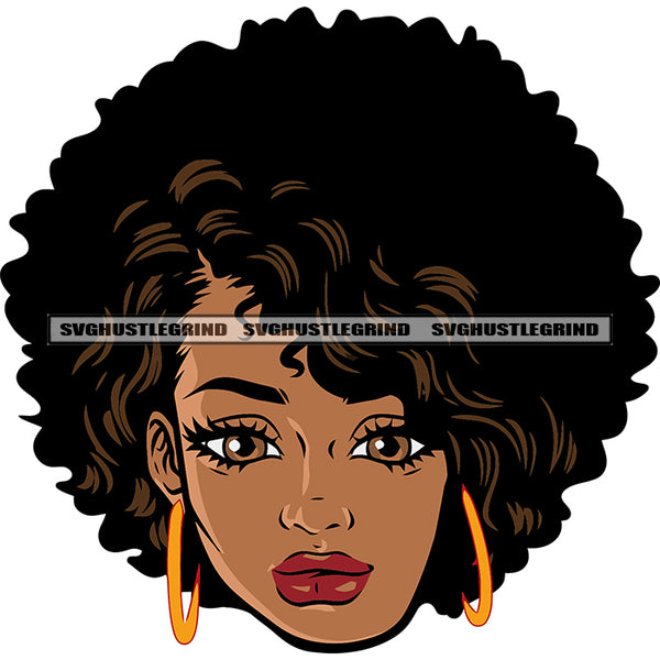 Gangster African American Woman Wearing Hoop Earing Afro Curly Hairstyle Design Element White Background SVG JPG PNG Vector Clipart Cricut Silhouette Cut Cutting