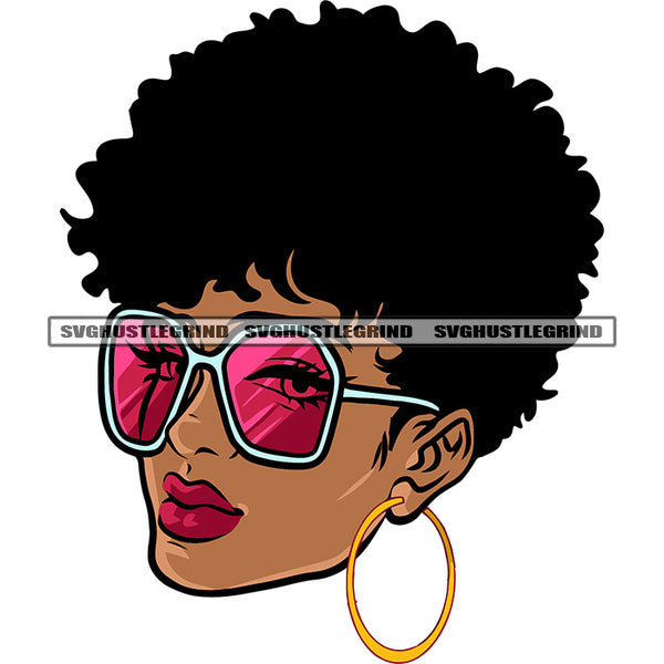 African American Woman Wearing Hoop Earing And Sunglass Curly Hairstyle Smile Face Afro Attitude Gils White Background SVG JPG PNG Vector Clipart Cricut Silhouette Cut Cutting