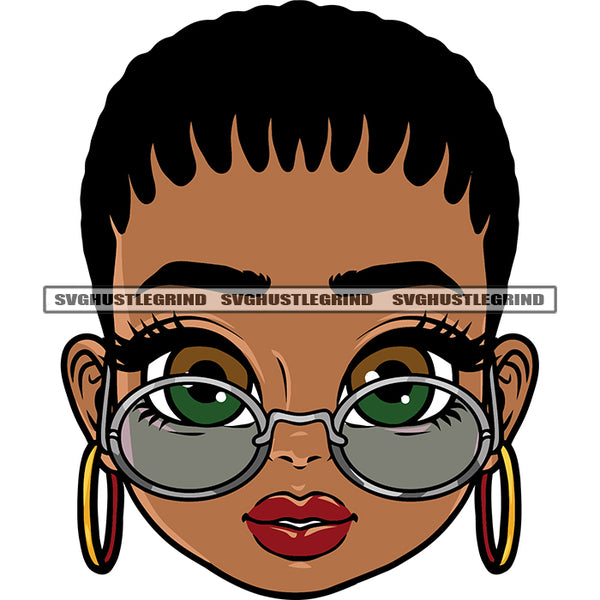 Gangster African American Wearing Hoop Earing Sunglass Cute Face Design Element White Background SVG JPG PNG Vector Clipart Cricut Silhouette Cut Cutting