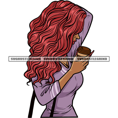 Red Head African American Girls Hand Holding Coffee Mug Long Nail Design Element White Background Afro Girls Sexy Body SVG JPG PNG Vector Clipart Cricut Silhouette Cut Cutting