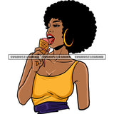 African American Woman Eating Ice-Cream Smile Face Afro Hairstyle Wearing Hoop Earing White Background Black Beauty Girls SVG JPG PNG Vector Clipart Cricut Silhouette Cut Cutting
