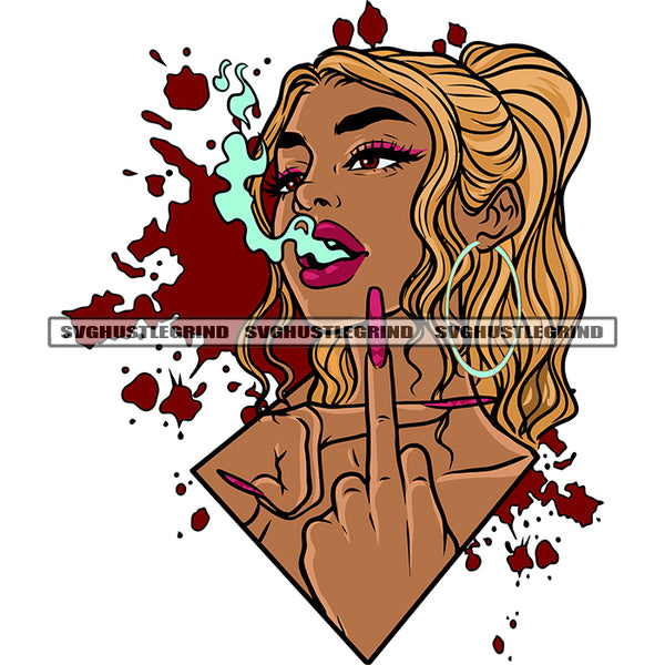 Gangster African American Woman Showing Middle Finger Long Nail Wearing Hoop Earing Golden Long Hairstyle Blood Dripping White Background Smoke On Mouth