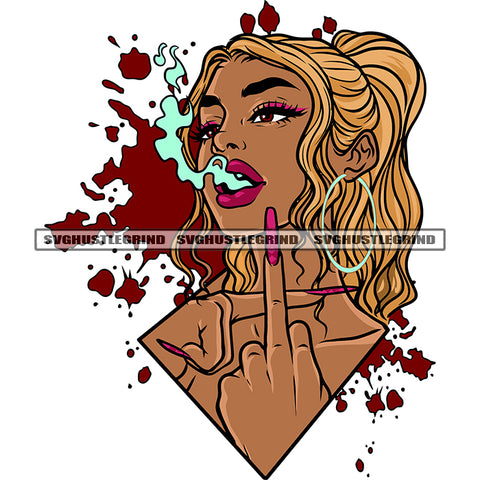 Gangster African American Woman Showing Middle Finger Long Nail Wearing Hoop Earing Golden Long Hairstyle Blood Dripping White Background Smoke On Mouth