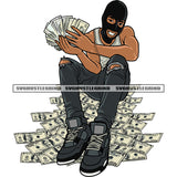 Smile Face Gangster African American Man Hand Holding Money Note And Wearing Ski Mask Sitting On Money Note Design Element SVG JPG PNG Vector Clipart Cricut Silhouette Cut Cutting