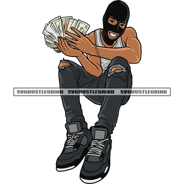 Gangster African American Man Sitting On Floor Hand Holding Money Note Wearing  Ski Mask Smile Face Design Element White Background SVG JPG PNG Vector Clipart Cricut Silhouette Cut Cutting