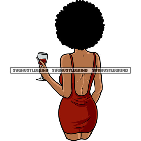 Gangster African American Woman Hand Holding Wine Glass Afro Short Hairstyle African American Woman Back Side Design Element Vector White Background SVG JPG PNG Vector Clipart Cricut Silhouette Cut Cutting