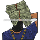 Gangster African American Man Hand Holding Money Bundle Hide Face Afro Man Wearing Chain And Ski Mask White Background SVG JPG PNG Vector Clipart Cricut Silhouette Cut Cutting