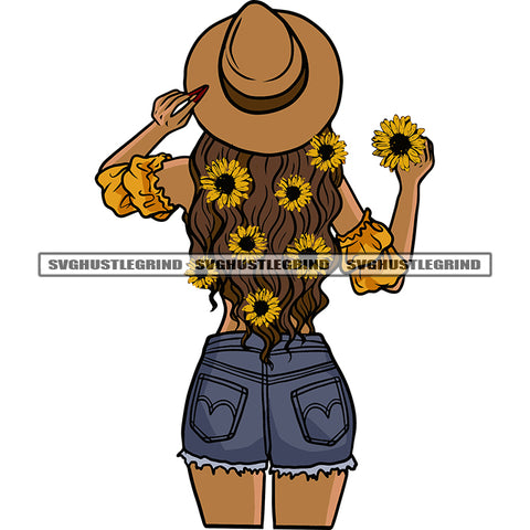 African American Girls Hand Holding Sunflower And Flower On Hair Design Element Wearing Hat White Background SVG JPG PNG Vector Clipart Cricut Silhouette Cut Cutting