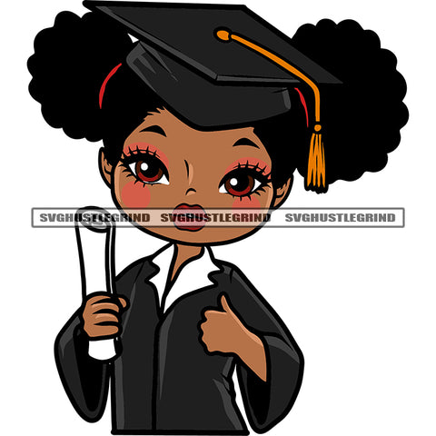 Graduation Girls Hand Holding Education Paper Cute African American Girls Wearing Hat Smile Face Design Element White Background SVG JPG PNG Vector Clipart Cricut Silhouette Cut Cutting