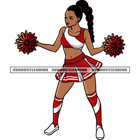 Cheerleaders Girls Standing And Hand Holding Paper Flower African American Girls Long Hairstyle Design Element SVG JPG PNG Vector Clipart Cricut Silhouette Cut Cutting