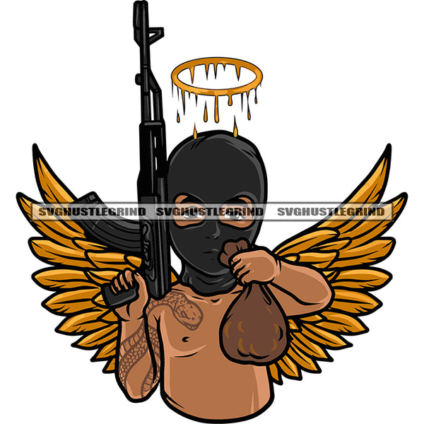 Gangster African American Angle Hand Holding Money Bag And Gun Wearing Face Mask Color Dripping Design Element Angle Wings Golden Color SVG JPG PNG Vector Clipart Cricut Silhouette Cut Cutting