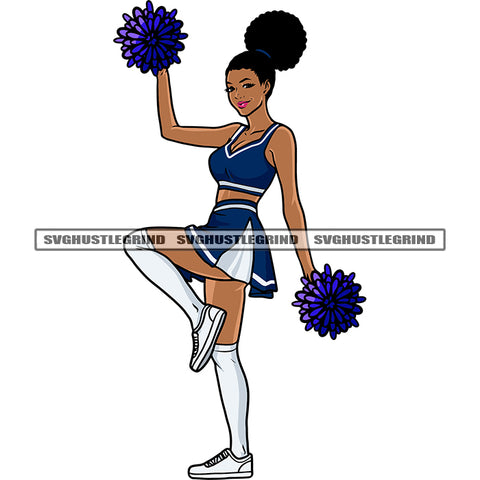 Cheerleaders Girls Standing Dance Pose Hand Holding Paper Face African America Girls Cute Face Afro Short Hairstyle SVG JPG PNG Vector Clipart Cricut Silhouette Cut Cutting