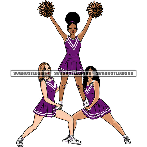 Three Cheerleaders Girls Standing Dance Pose Hand Holding Paper Face African America Girls Cute Face Afro And Curly Hairstyle SVG JPG PNG Vector Clipart Cricut Silhouette Cut Cutting