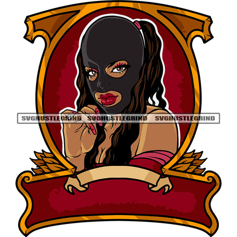 Gangster African American Woman Wearing Ski Mask Long Hairstyle Cute Face Long Nail Logo Design Element SVG JPG PNG Vector Clipart Cricut Silhouette Cut Cutting