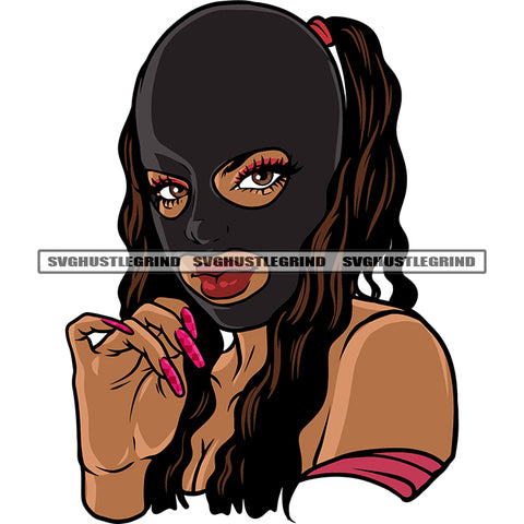 Smile Face Gangster African American Woman Wearing Ski Mask Long Hairstyle Cute Face Long Nail Design Element SVG JPG PNG Vector Clipart Cricut Silhouette Cut Cutting