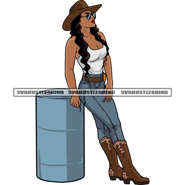 Gangster African American Woman Standing And Wearing Sunglass And Cowboy Hat Cute Afro Woman Curly Long Hairstyle Design Element SVG JPG PNG Vector Clipart Cricut Silhouette Cut Cutting