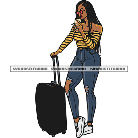 Gangster African American Woman Hand Holding Coffee Mug And Traveling Bag Wearing Sunglass Design Element Afro Sexy Woman SVG JPG PNG Vector Clipart Cricut Silhouette Cut Cutting