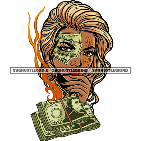African American Gangster Woman Face Design Element Long Nail Cute Face Dollar Bundle On Front Golden Hairstyle White Background SVG JPG PNG Vector Clipart Cricut Silhouette Cut Cutting
