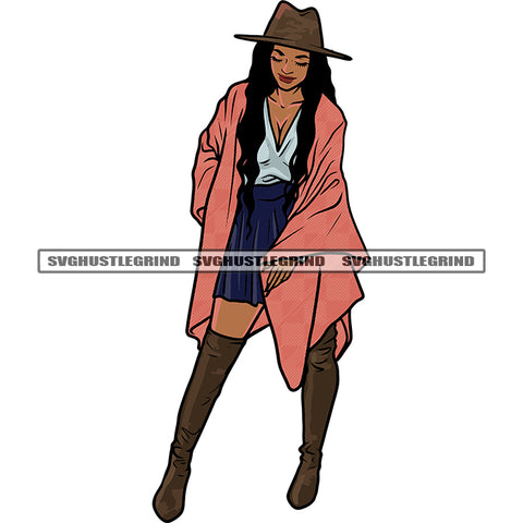 Gangster African American Woman Smile Face Standing Wearing Cowboy Hat And Half Dress Design Element Long Hairstyle SVG JPG PNG Vector Clipart Cricut Silhouette Cut Cutting