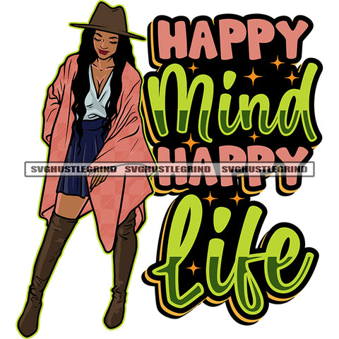 Happy Mind Happy Life Quote African American Woman Smile Face Standing Wearing Cowboy Hat And Half Dress Design Element Long Hairstyle SVG JPG PNG Vector Clipart Cricut Silhouette Cut Cutting