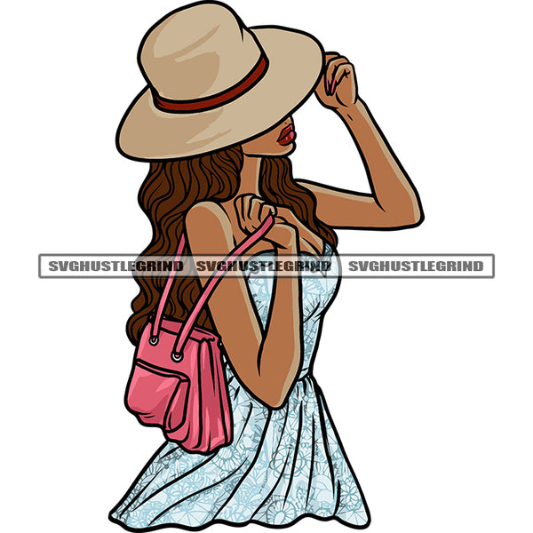Beautiful African American Woman Hand Holding Hat And Bag Cute Face Afro Girls Face And Body Design Element Curly Long Hairstyle Hide Face SVG JPG PNG Vector Clipart Cricut Silhouette Cut Cutting