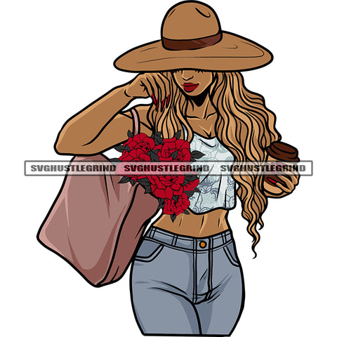 African American Woman Hand Holding Roses Bag And Wearing Cowboy Hat Golden Color Long Hairstyle Design Element Sexy Woman Body SVG JPG PNG Vector Clipart Cricut Silhouette Cut Cutting