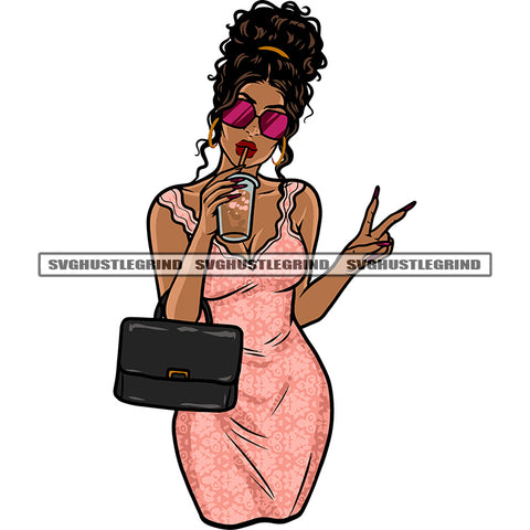 Sexy African American Woman Showing Peach Hand Sign Design Element Curly Hairstyle Hand Holding Coffee Mug Wearing Sunglass SVG JPG PNG Vector Clipart Cricut Silhouette Cut Cutting