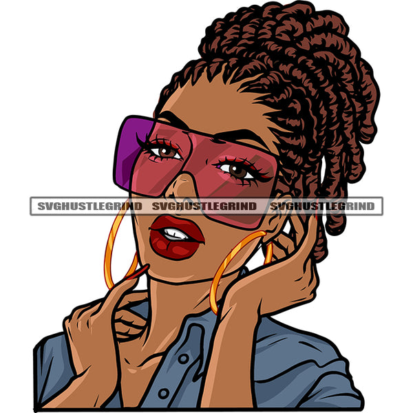 Cute Face African American Woman Wearing Sunglass And Hoop Earing Afro Girls Long Nail Locus Hairstyle Design Element White Background SVG JPG PNG Vector Clipart Cricut Silhouette Cut Cutting