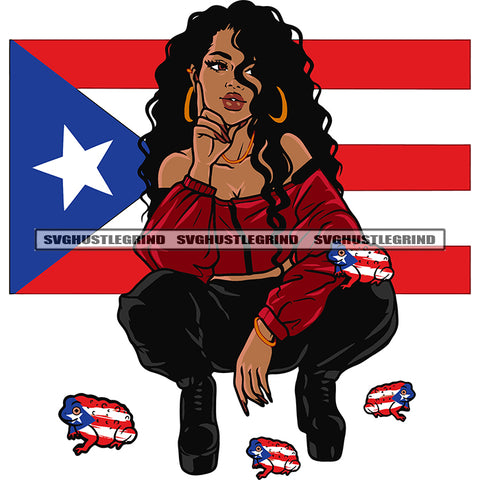 African American Sexy Woman Sitting Pose And Thinking Pose Curly Hairstyle Wearing Hoop Earing USA Flag On Background And Floor Design Element SVG JPG PNG Vector Clipart Cricut Silhouette Cut Cutting