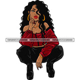 Beautiful Gangster African American Woman Sitting Thinking Pose Curly Long Hairstyle And Wearing Hoop Earing Design Element SVG JPG PNG Vector Clipart Cricut Silhouette Cut Cutting