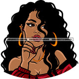 Cute Face Woman Curly Long Hairstyle African American Woman Wearing Hoop Earing Smile Face Long Nail Design Element White Background SVG JPG PNG Vector Clipart Cricut Silhouette Cut Cutting