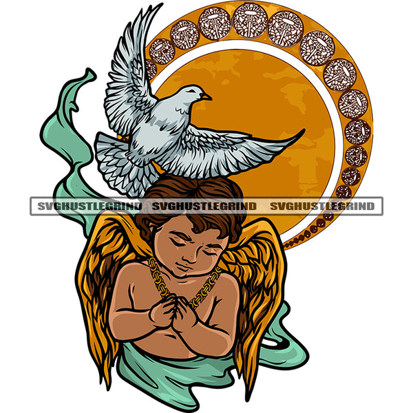 Hard Praying Hand African American Baby Angle With Golden Wings Pigeon Flying Logo Design Element White Background SVG JPG PNG Vector Clipart Cricut Silhouette Cut Cutting
