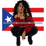 African American Sexy Woman Sitting Pose And Thinking Pose Curly Hairstyle Wearing Hoop Earing USA Flag On Background Design Element SVG JPG PNG Vector Clipart Cricut Silhouette Cut Cutting