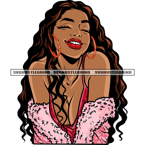 Black Beauty Smile Face African American Woman Happy Face Wearing Hoop Earing And Curly Long Hairstyle Design Element White Background SVG JPG PNG Vector Clipart Cricut Silhouette Cut Cutting