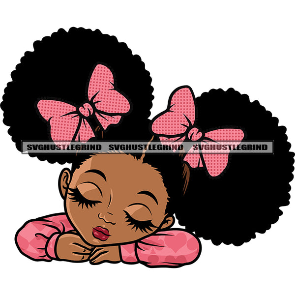 Puffy Hairstyle African American Girls Sleeping Pose Design Element Beautiful Girls Face White Background Wearing Hair Clip SVG JPG PNG Vector Clipart Cricut Silhouette Cut Cutting