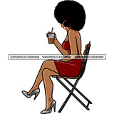 Sexy African American Woman Sitting Pose And Hand Holding Coffee Mug Hide Face Afro Puffy Short Hairstyle Wearing Hoop Earing Design Element SVG JPG PNG Vector Clipart Cricut Silhouette Cut Cutting