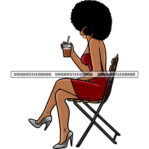 Sexy African American Woman Sitting Pose And Hand Holding Coffee Mug Hide Face Afro Puffy Short Hairstyle Wearing Hoop Earing Design Element SVG JPG PNG Vector Clipart Cricut Silhouette Cut Cutting